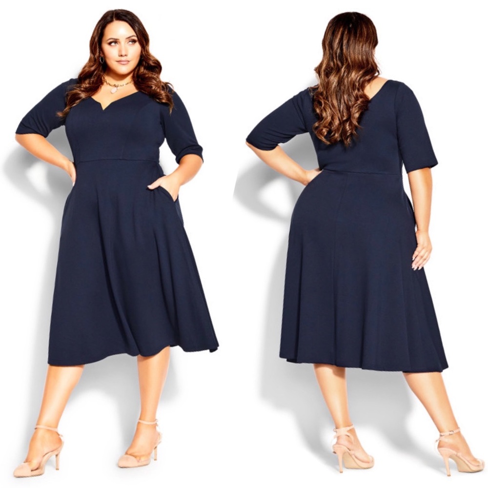 City Chic Cute Girl Elbow Sleeve Dress in Navy, Size 22
